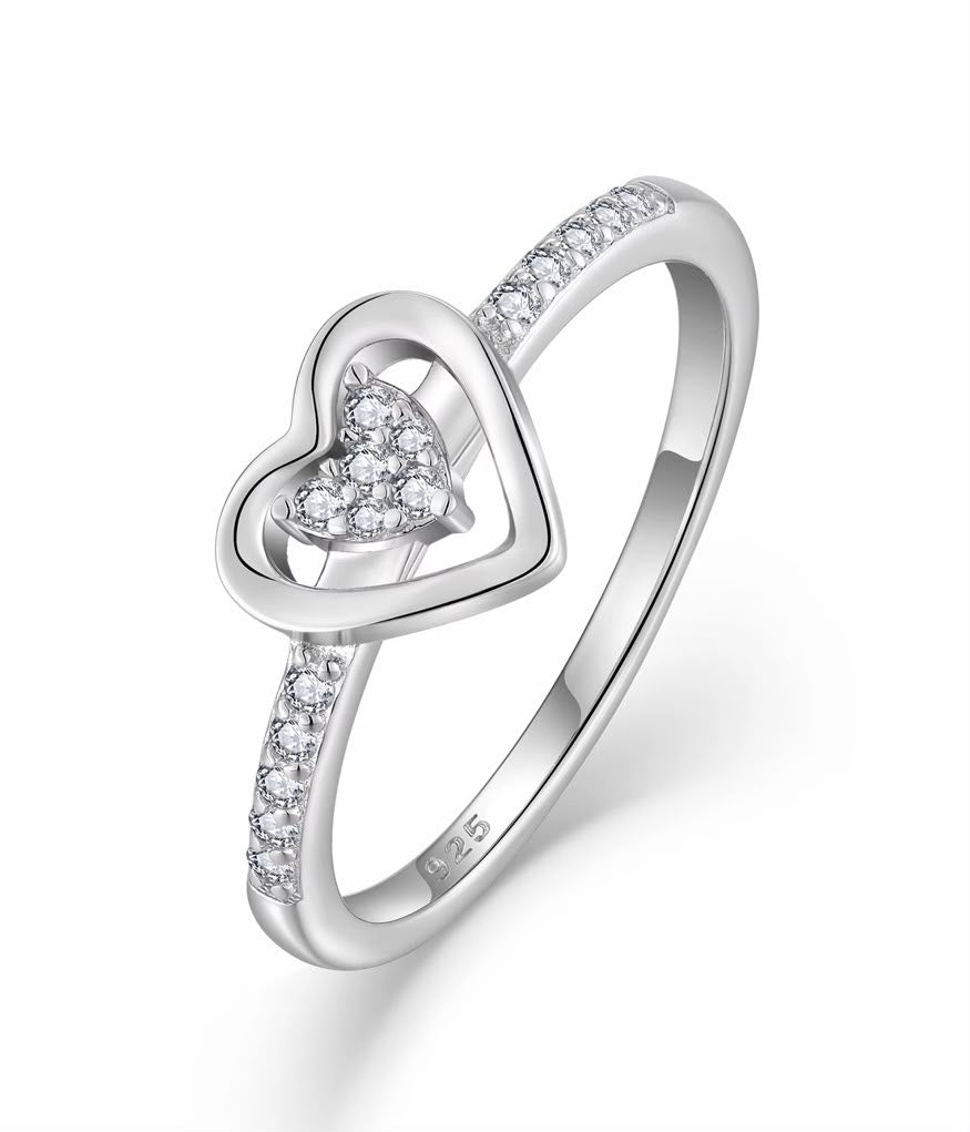 Layla open double heart moissanite ring close-up: open double heart with white moissanite accents, Dubai