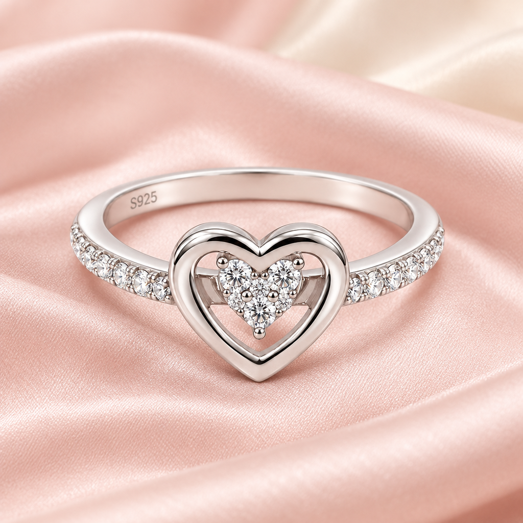 Layla open double heart moissanite ring, view 5: open double heart with white moissanite accents, 925 sterling silver, Dubai