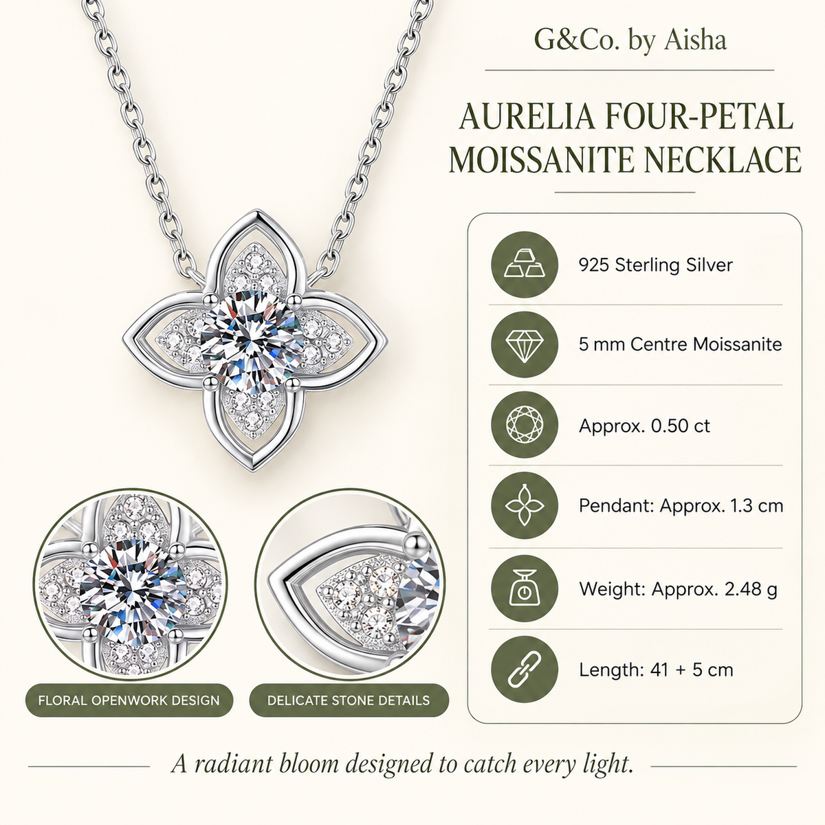 Leila four-petal moissanite necklace, view 2: 5 mm moissanite framed by four pointed petals, 925 sterling silver, Dubai