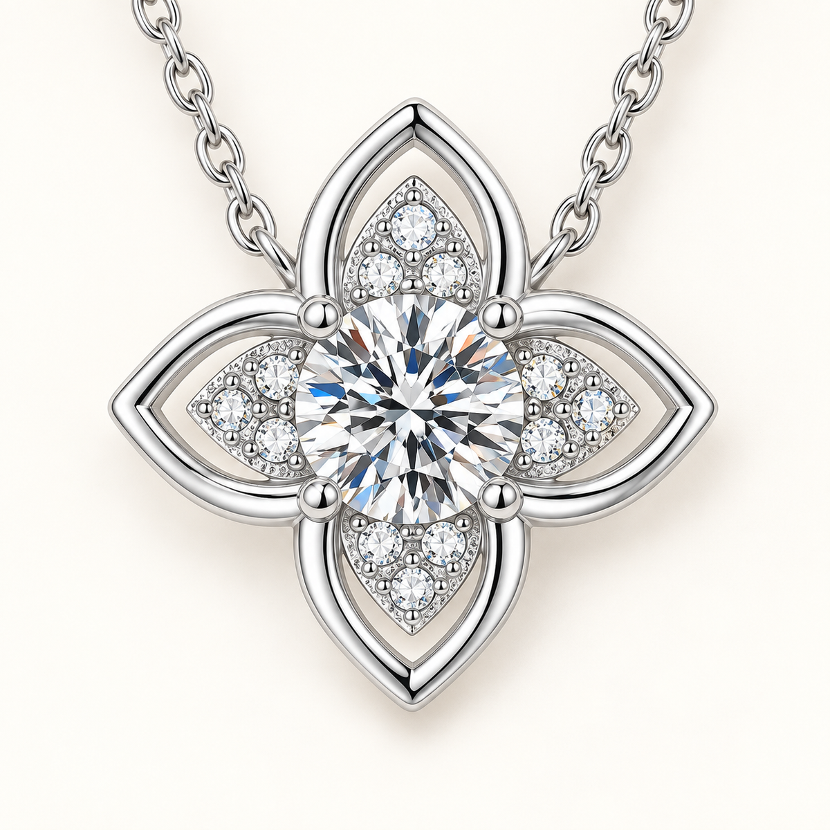 Leila four-petal moissanite necklace, view 3: 5 mm moissanite framed by four pointed petals, 925 sterling silver, Dubai