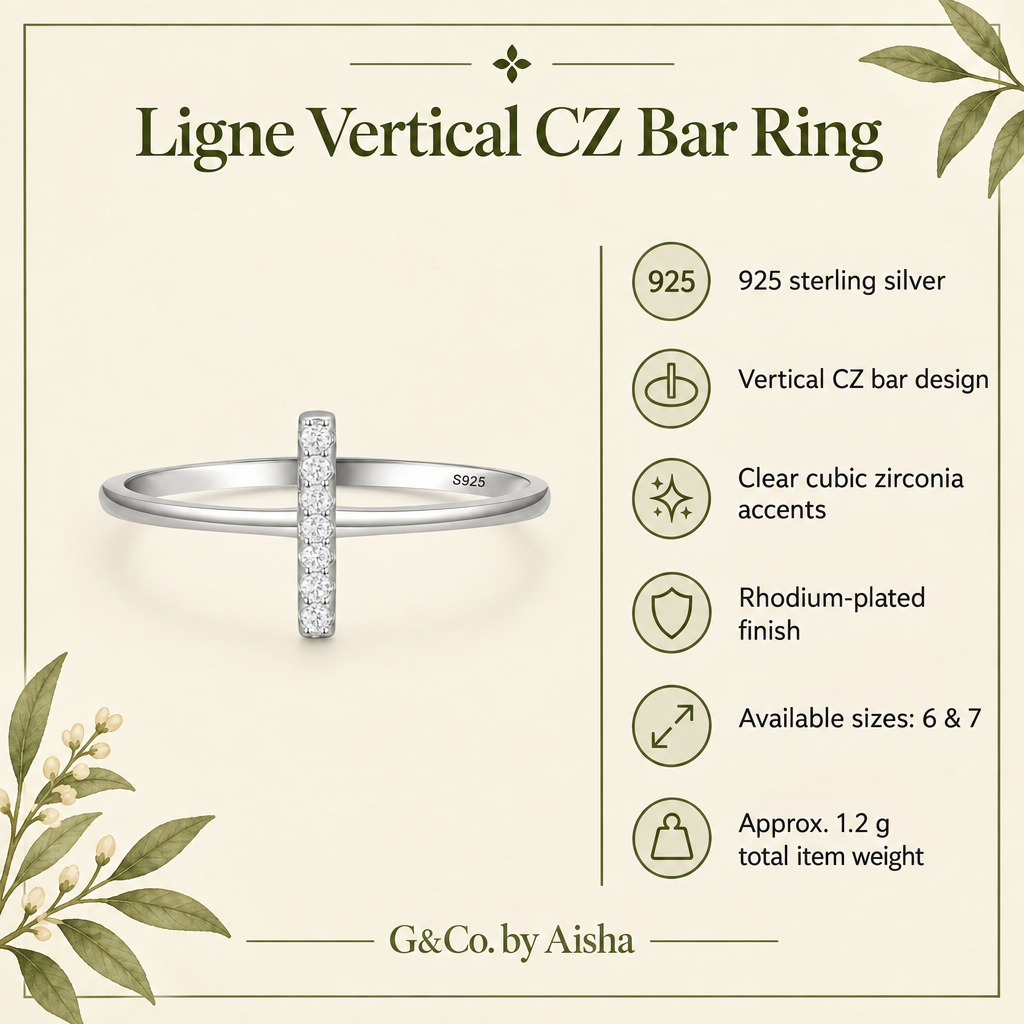 Ligne vertical bar CZ ring, view 2: slim vertical CZ bar on a fine polished band, 925 sterling silver, Dubai