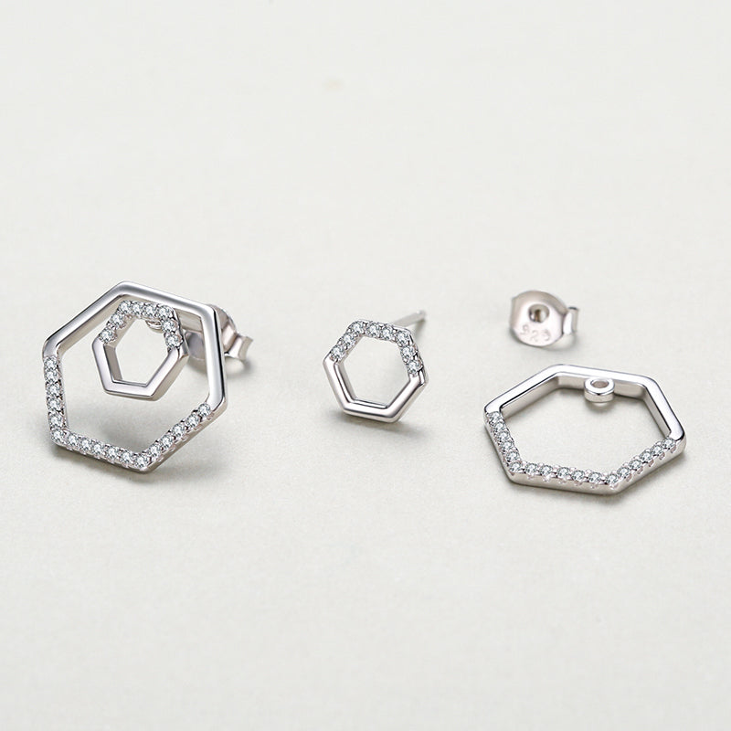 Liora double hexagon pavé stud earrings, view 4: nested open hexagons with clear pavé, 925 sterling silver, Dubai
