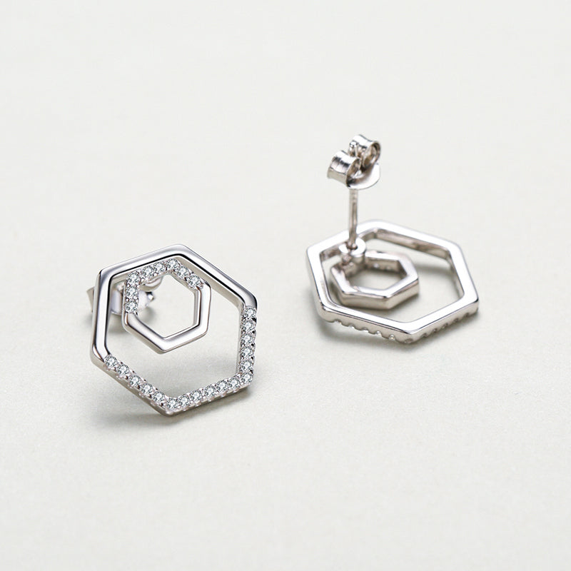Liora double hexagon pavé stud earrings, view 5: nested open hexagons with clear pavé, 925 sterling silver, Dubai
