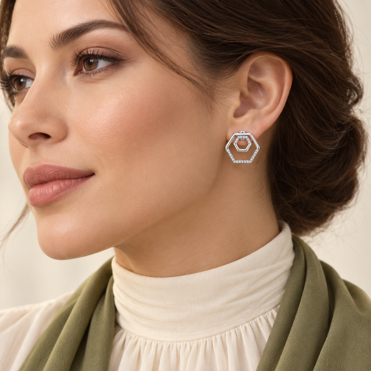 Liora double hexagon pavé stud earrings, view 3: nested open hexagons with clear pavé, 925 sterling silver, Dubai
