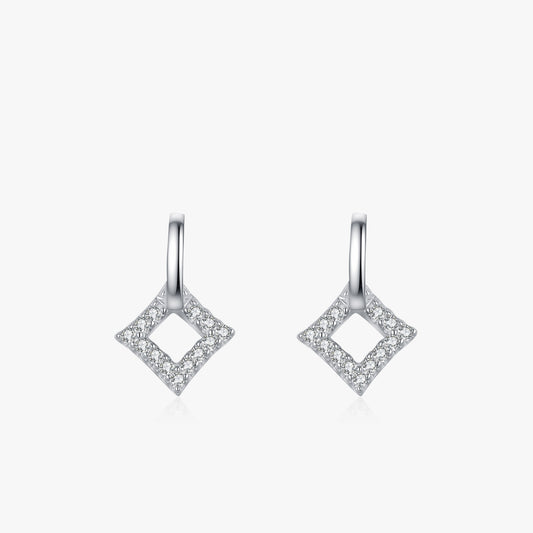 Losange open rhombus sparkle drop earrings close-up: open rhombus drops lined with clear accents, Dubai