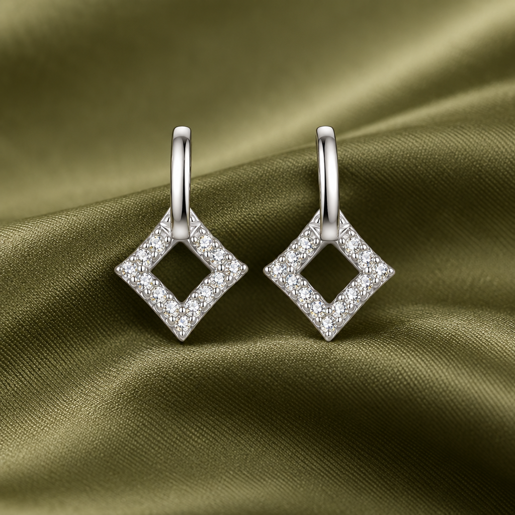 Losange open rhombus sparkle drop earrings, view 4: open rhombus drops lined with clear accents, 925 sterling silver, Dubai