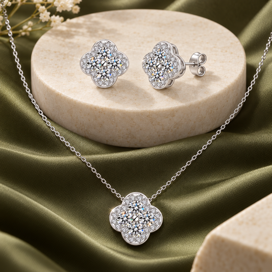 Lumière clover moissanite jewellery set, view 2: clover moissanite necklace with matching clover studs, Dubai