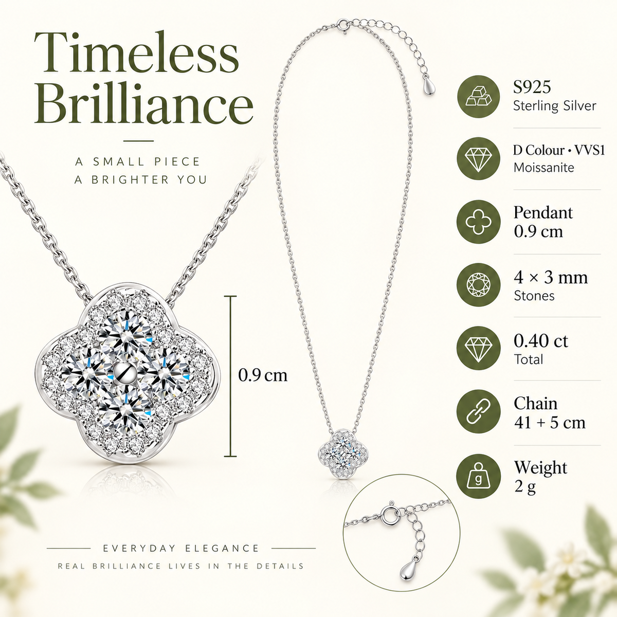 Lumière clover moissanite necklace, view 2: 0.9 cm clover pendant with four 3 mm moissanite, 925 sterling silver, Dubai