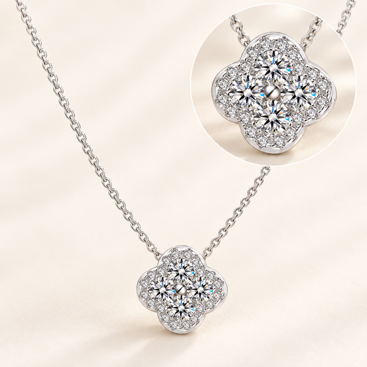 Lumière clover moissanite necklace close-up: 0.9 cm clover pendant with four 3 mm moissanite, 925 sterling silver, Dubai