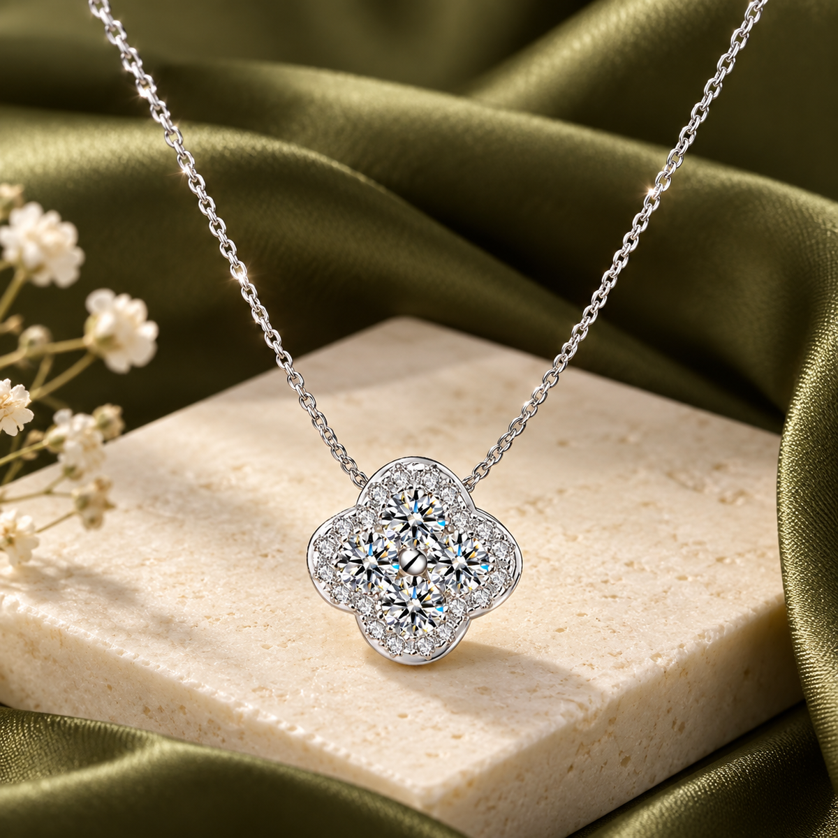 Lumière clover moissanite necklace, view 3: 0.9 cm clover pendant with four 3 mm moissanite, 925 sterling silver, Dubai