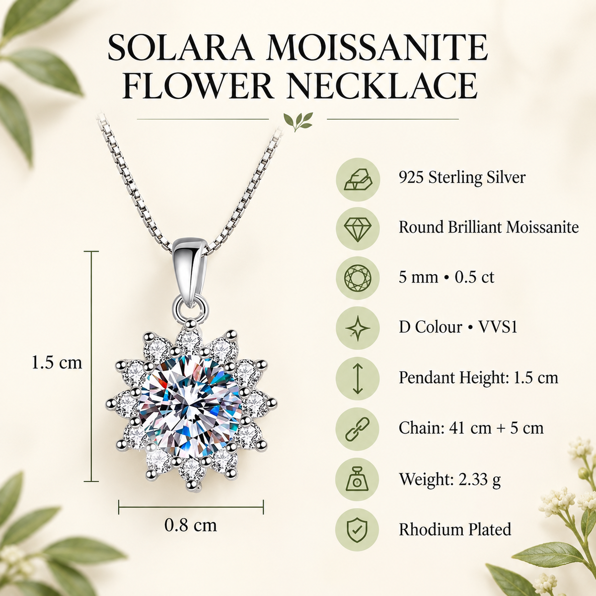Luna sunburst flower moissanite necklace, view 2: 5 mm moissanite in a sunburst flower pendant, Dubai