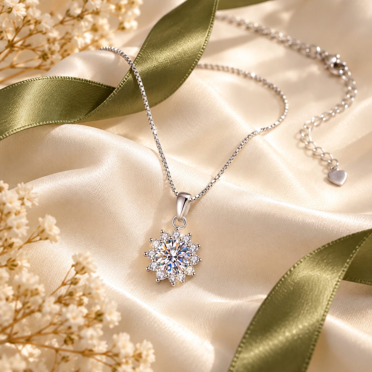 Luna sunburst flower moissanite necklace, view 5: 5 mm moissanite in a sunburst flower pendant, Dubai