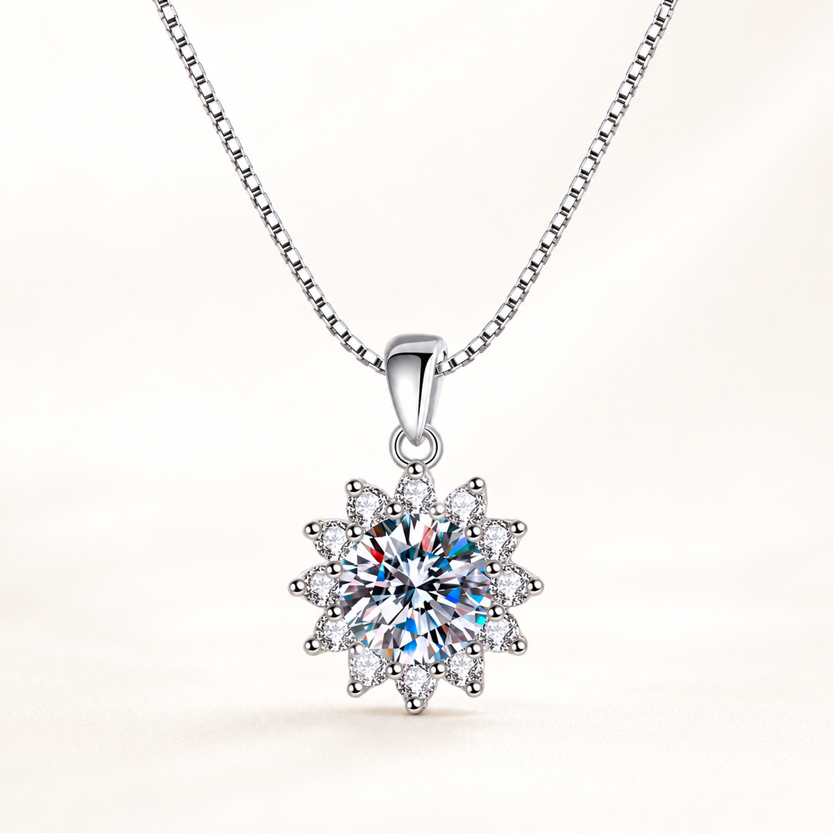 Luna sunburst flower moissanite necklace close-up: 5 mm moissanite in a sunburst flower pendant, 925 sterling silver, Dubai