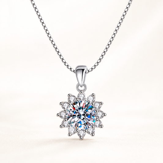 Luna sunburst flower moissanite necklace close-up: 5 mm moissanite in a sunburst flower pendant, 925 sterling silver, Dubai