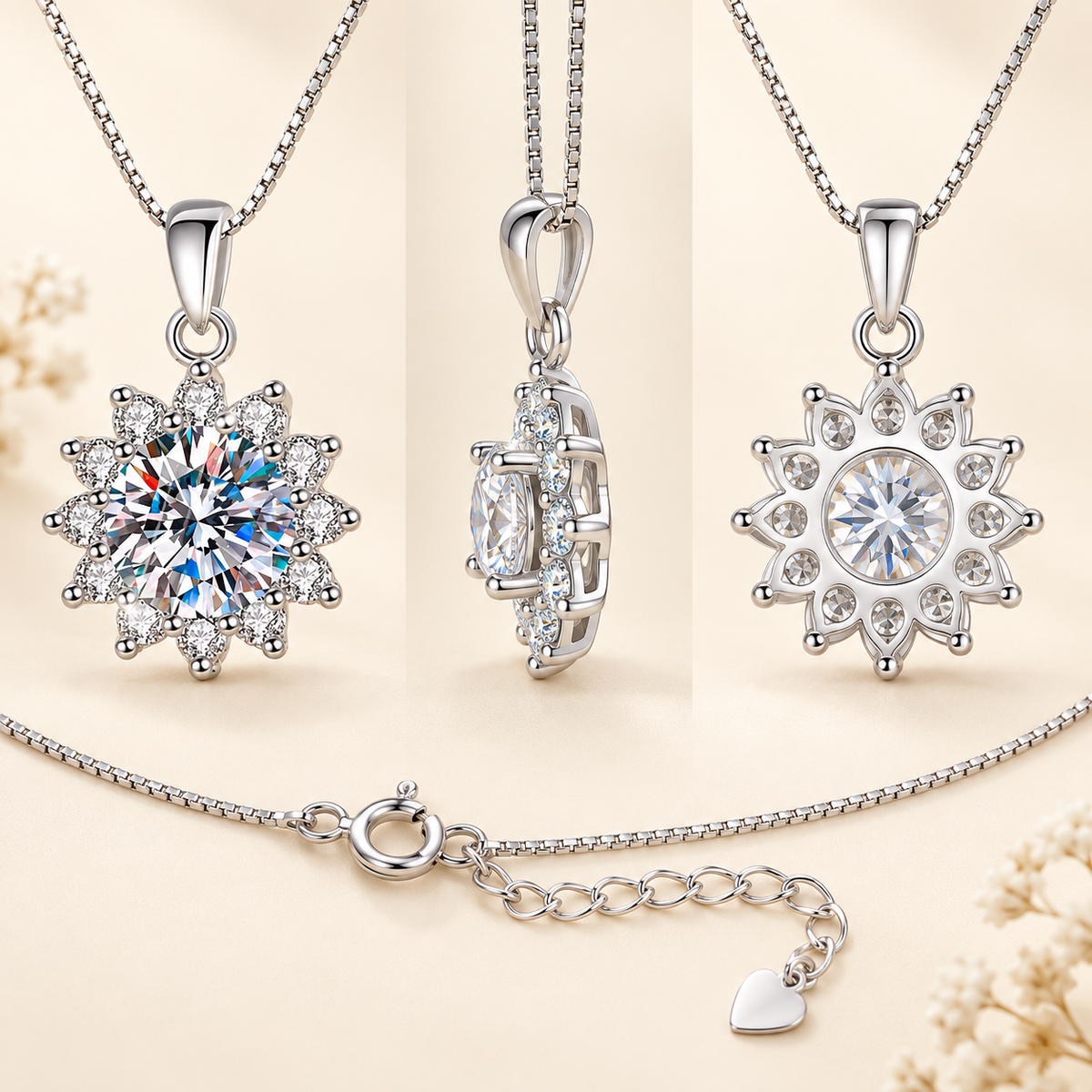 Luna sunburst flower moissanite necklace, view 3: 5 mm moissanite in a sunburst flower pendant, 925 sterling silver, Dubai