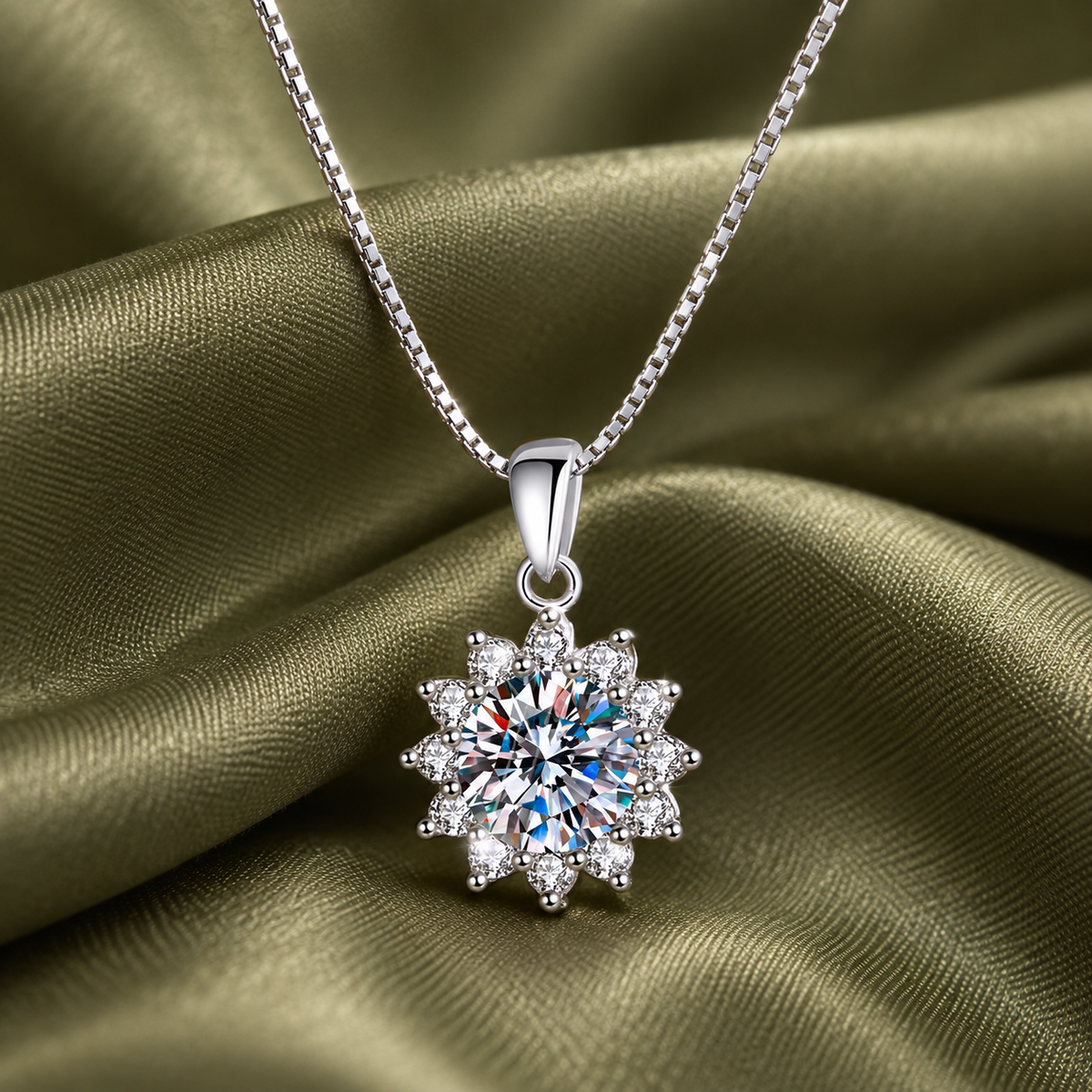 Luna sunburst flower moissanite necklace, view 6: 5 mm moissanite in a sunburst flower pendant, 925 sterling silver, Dubai
