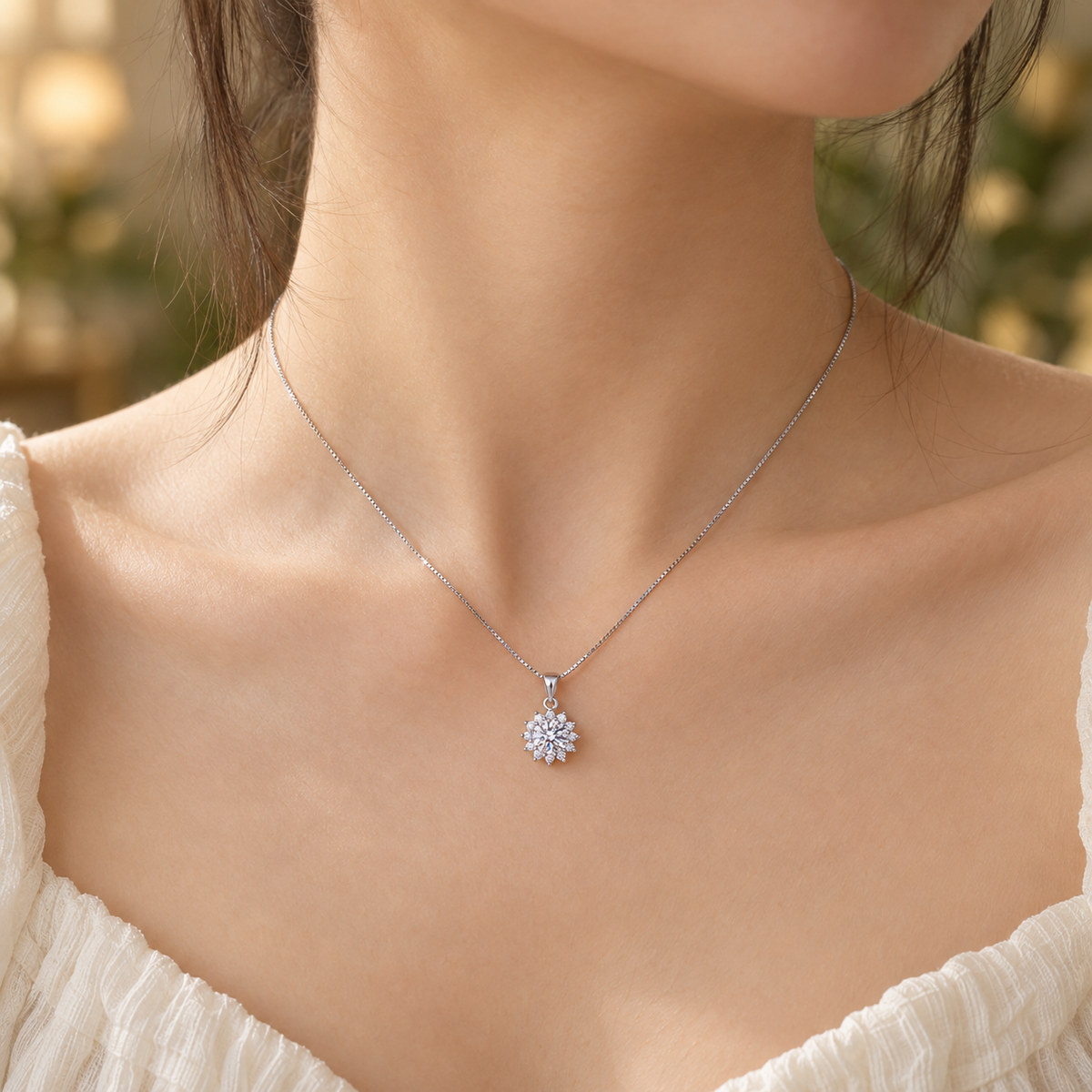 Luna sunburst flower moissanite necklace, view 4: 5 mm moissanite in a sunburst flower pendant, 925 sterling silver, Dubai