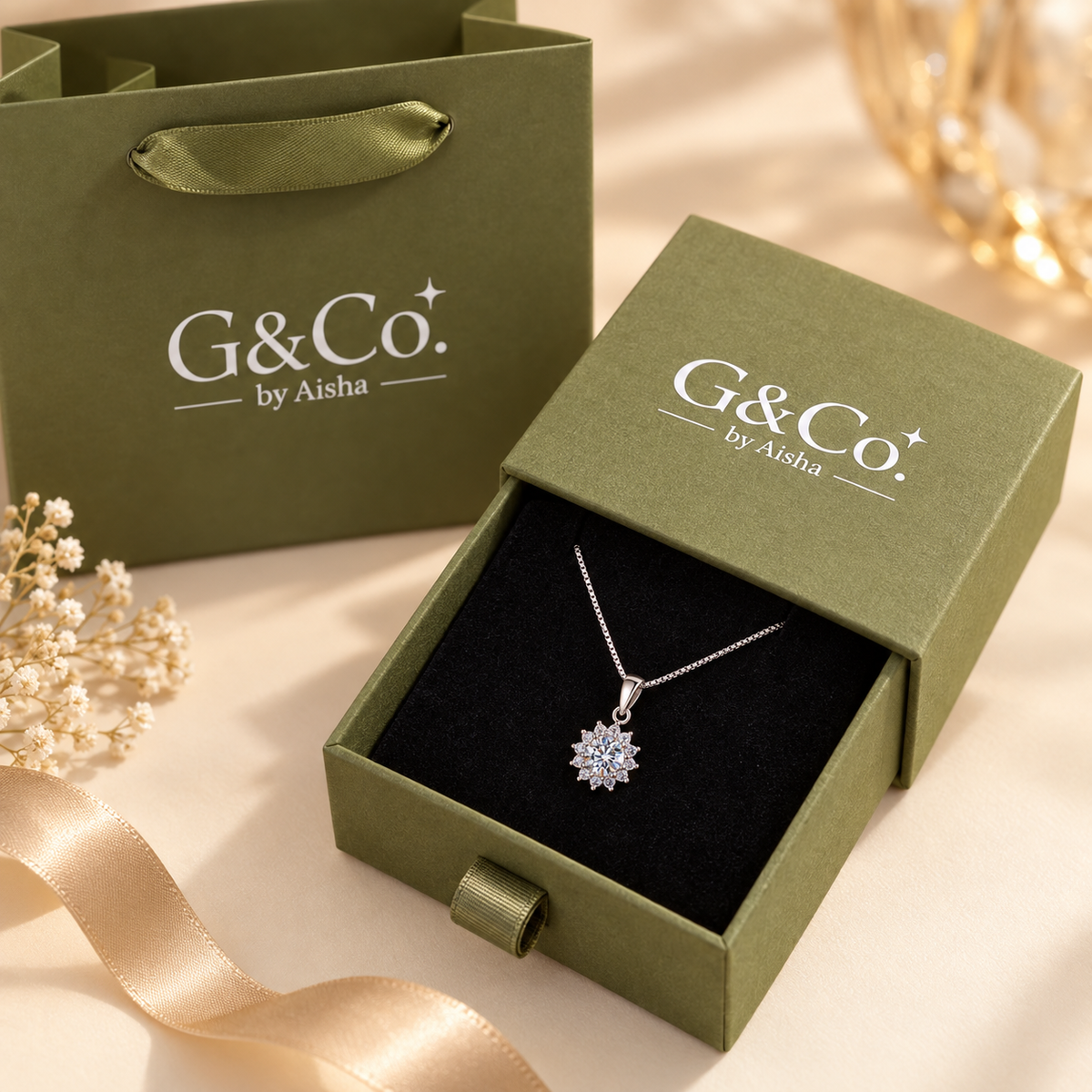 Luna sunburst flower moissanite necklace, view 7: 5 mm moissanite in a sunburst flower pendant, 925 sterling silver, Dubai