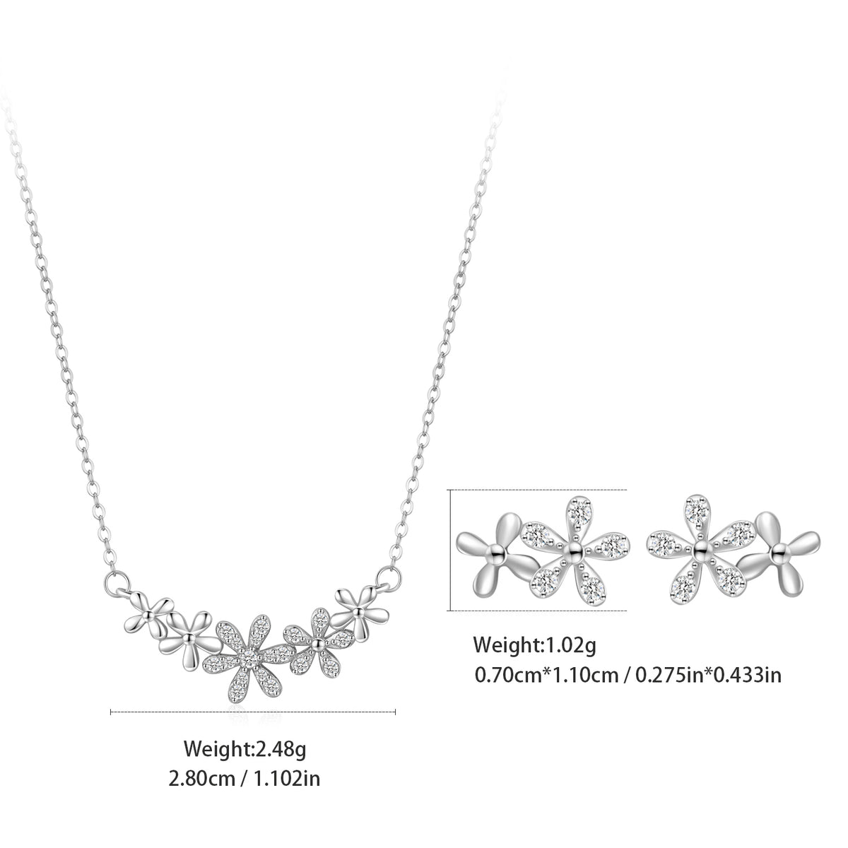 Marguerite daisy necklace & earrings set, view 5: daisy pendant with matching daisy earrings, 925 sterling silver, Dubai