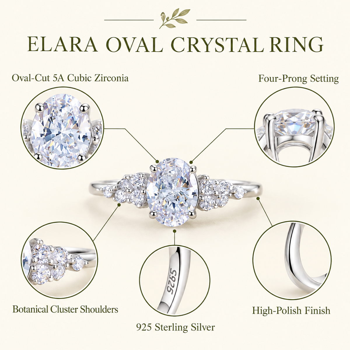 Mariam oval CZ botanical cluster ring, view 2: oval CZ in four prongs framed by a botanical cluster, Dubai