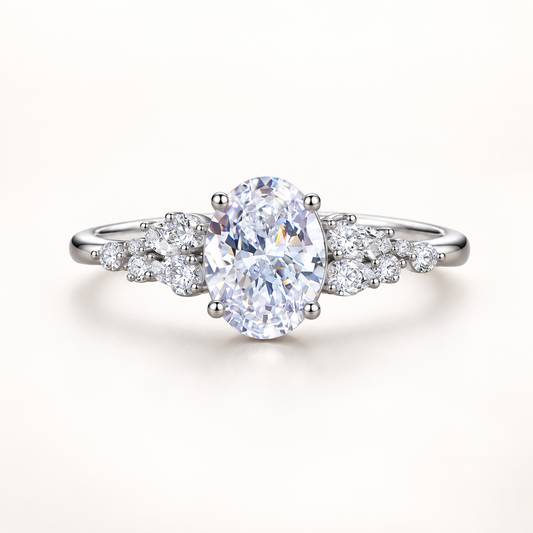 Mariam oval CZ botanical cluster ring close-up: oval CZ in four prongs framed by a botanical cluster, Dubai