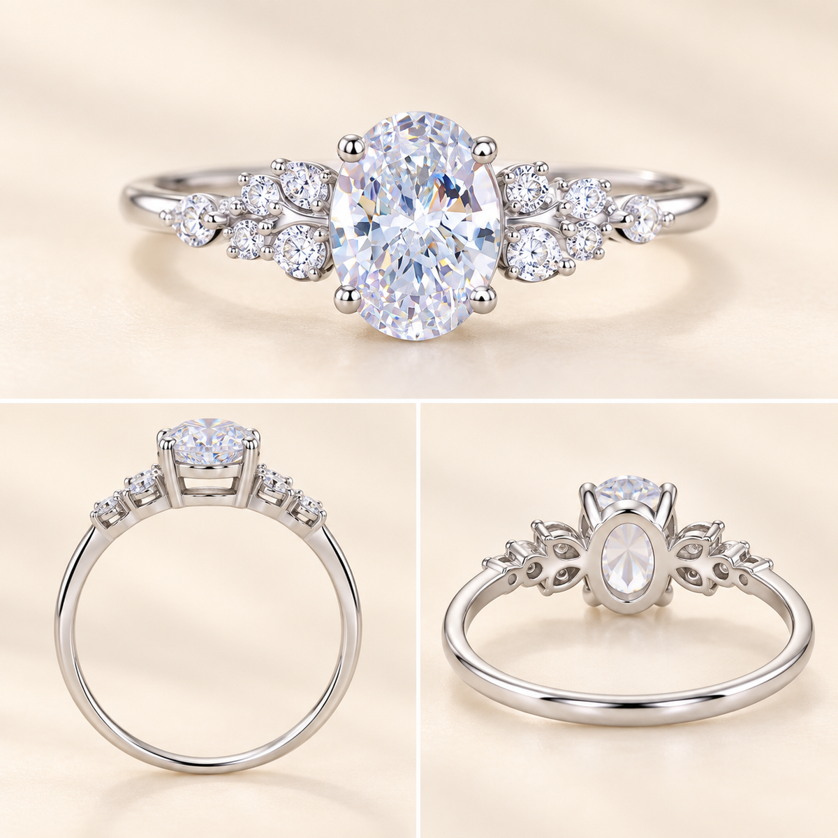 Mariam oval CZ botanical cluster ring, view 3: oval CZ in four prongs framed by a botanical cluster, Dubai