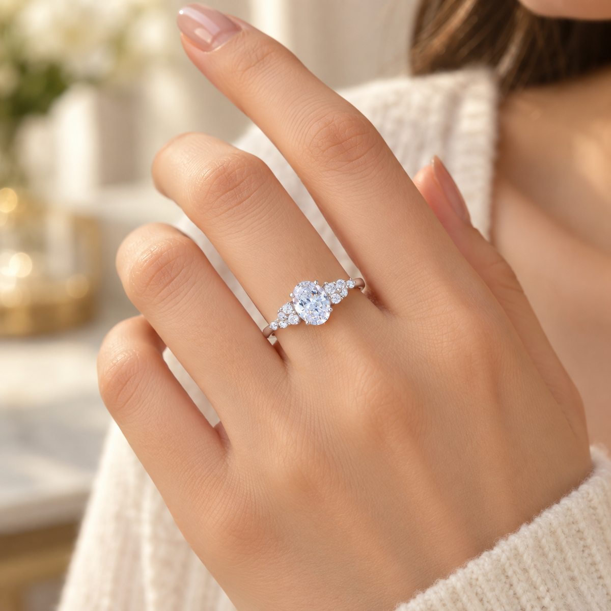 Mariam oval CZ botanical cluster ring, view 4: oval CZ in four prongs framed by a botanical cluster, 925 sterling silver, Dubai