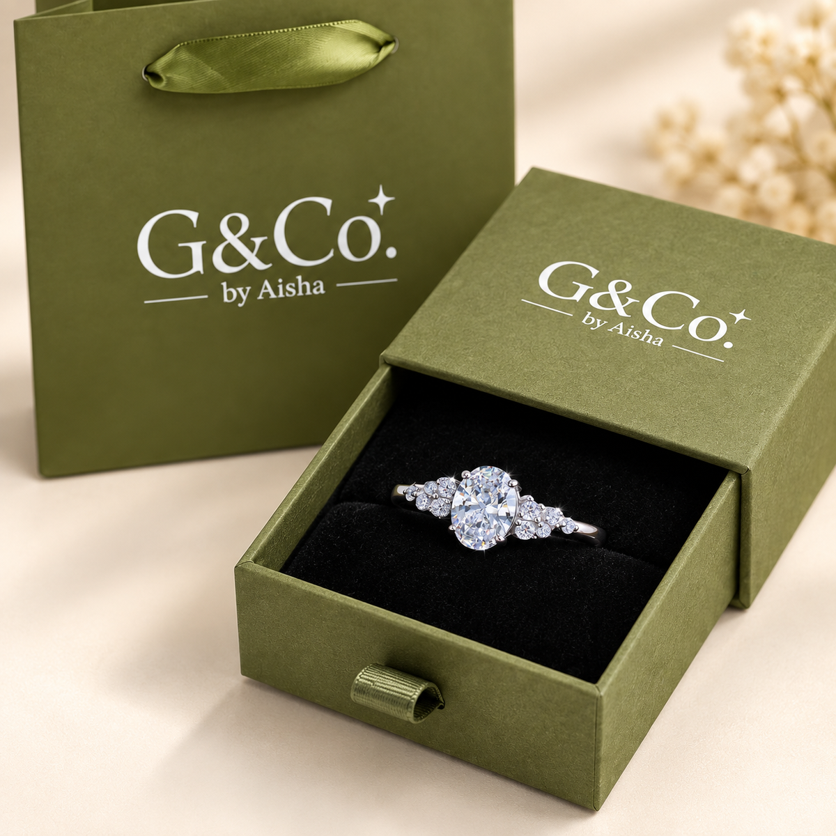 Mariam oval CZ botanical cluster ring, view 7: oval CZ in four prongs framed by a botanical cluster, 925 sterling silver, Dubai