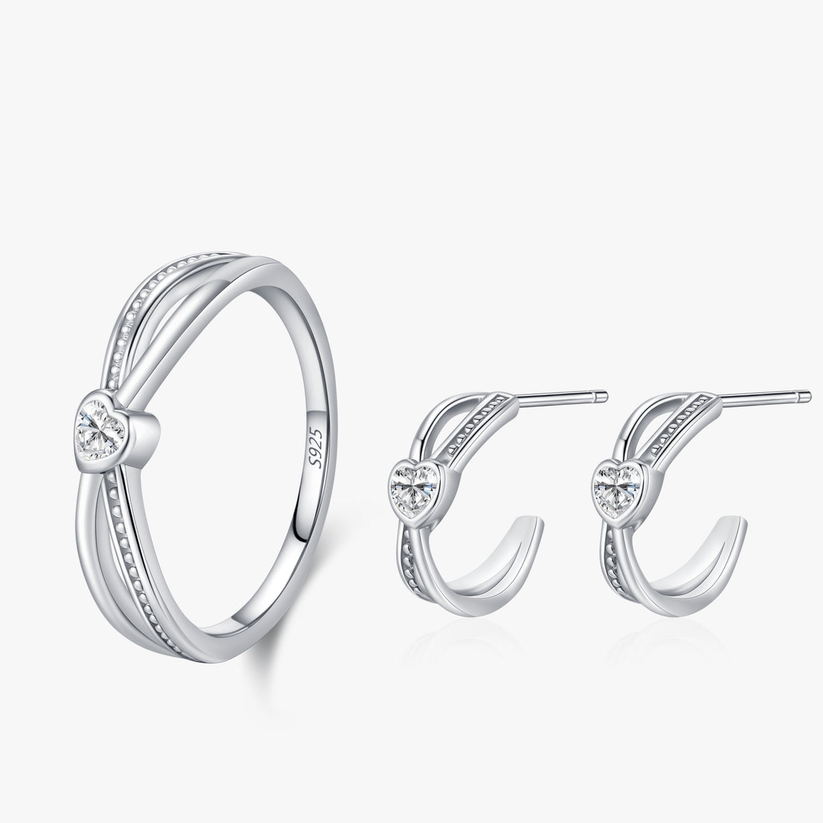 Maya heart ring & open-hoop earrings set close-up: layered heart ring with matching open-hoop studs, 925 sterling silver, Dubai