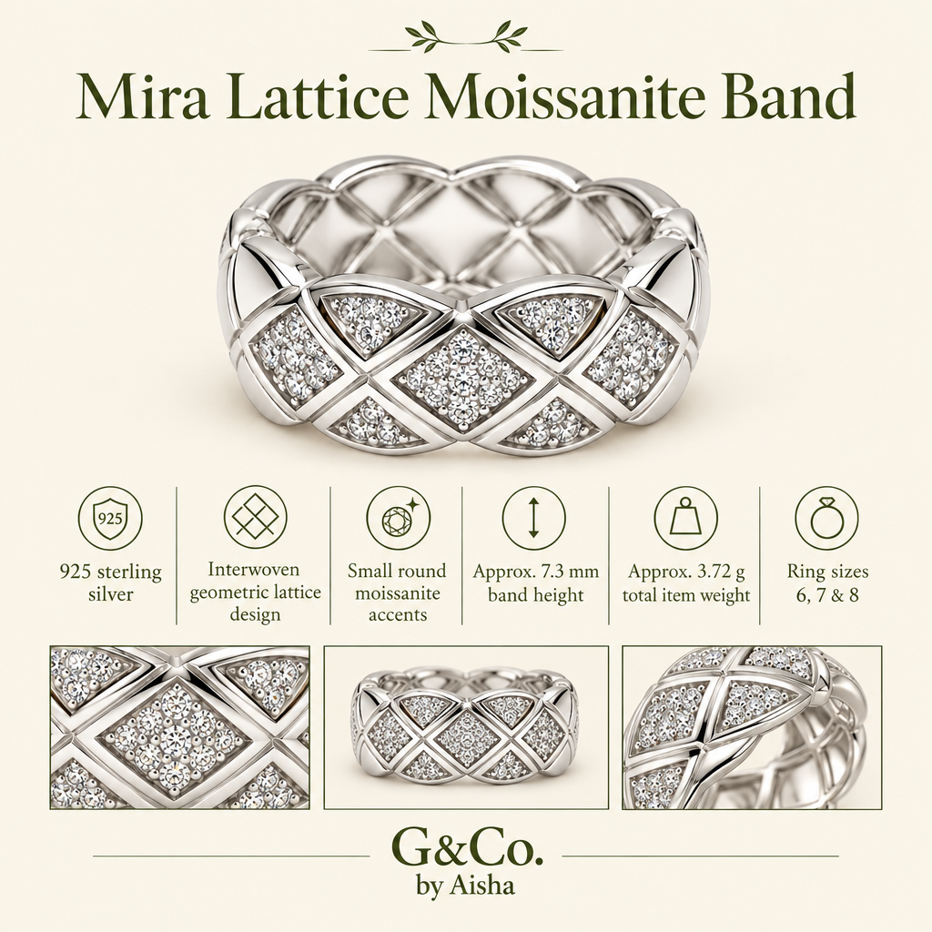 Mira interwoven lattice moissanite band ring, view 3: wide woven lattice framing small moissanite, 925 sterling silver, Dubai