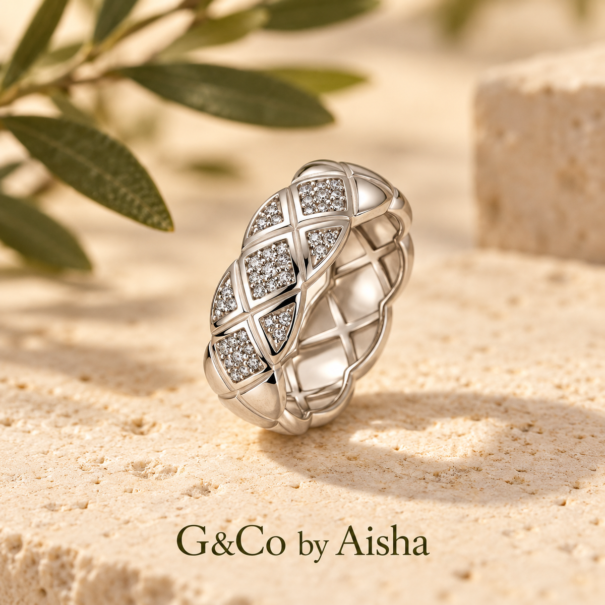 Mira interwoven lattice moissanite band ring, view 4: wide woven lattice framing small moissanite, 925 sterling silver, Dubai