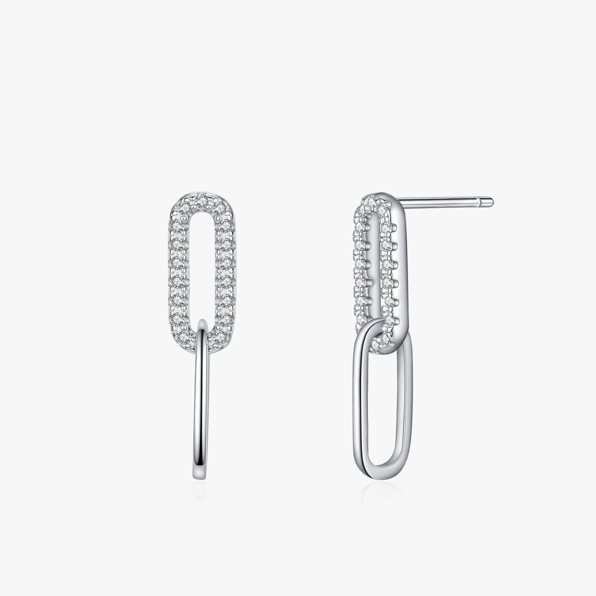 Nadia twin-link pavé CZ drop earrings close-up: pavé link with a polished link drop, 925 sterling silver, Dubai