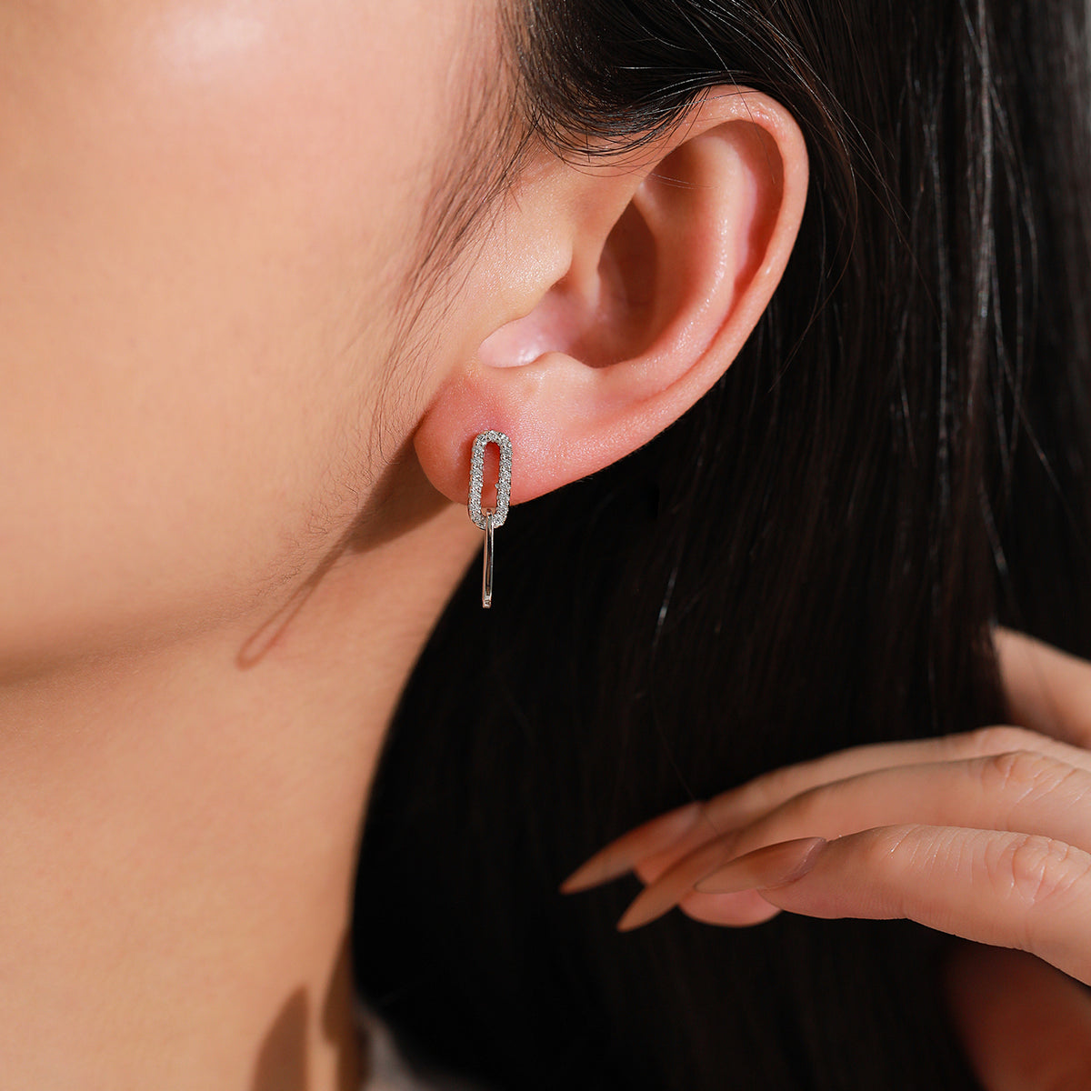 Nadia twin-link pavé CZ drop earrings, view 3: pavé link with a polished link drop, 925 sterling silver, Dubai