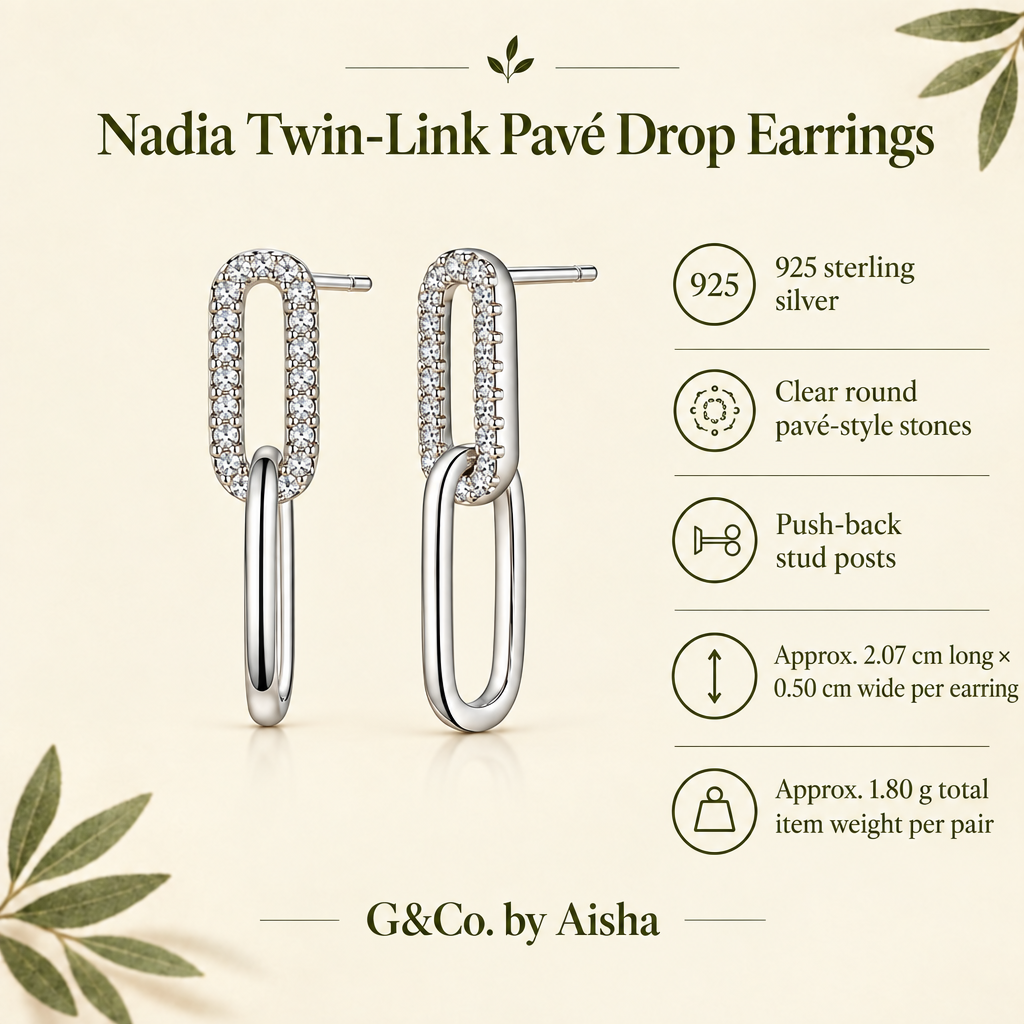 Nadia twin-link pavé CZ drop earrings, view 2: pavé link with a polished link drop, 925 sterling silver, Dubai