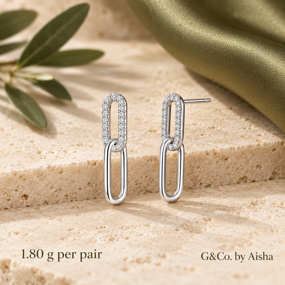 Nadia twin-link pavé CZ drop earrings, view 5: pavé link with a polished link drop, 925 sterling silver, Dubai