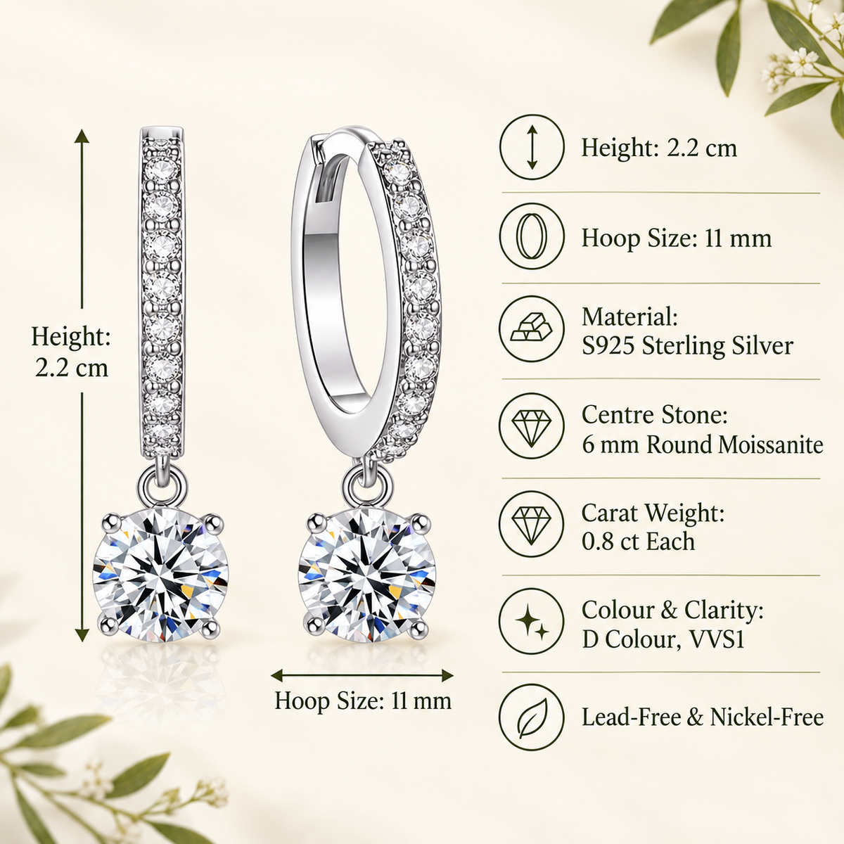 Nadine round moissanite drop huggie earrings, view 2: 6 mm round moissanite drops on pavé huggies, Dubai