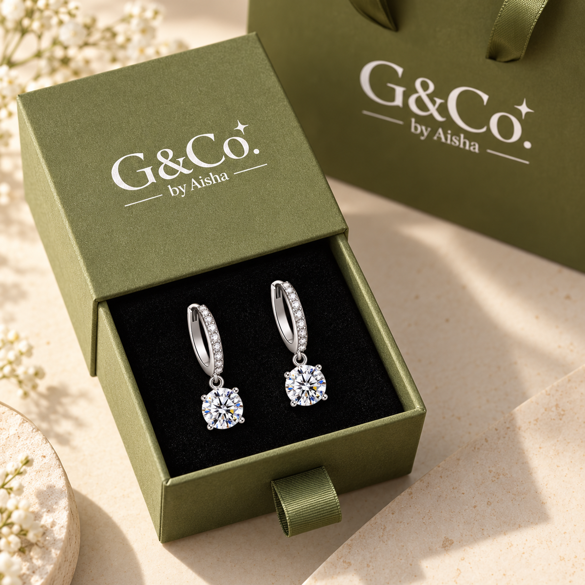 Nadine round moissanite drop huggie earrings, view 4: 6 mm round moissanite drops on pavé huggies, 925 sterling silver, Dubai