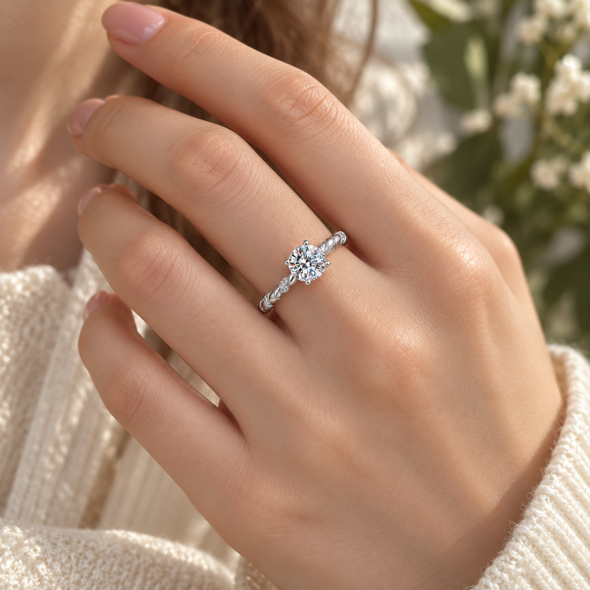 Nora twisted band moissanite solitaire ring, view 4: 1 ct round moissanite on a twisted band, 925 sterling silver, Dubai