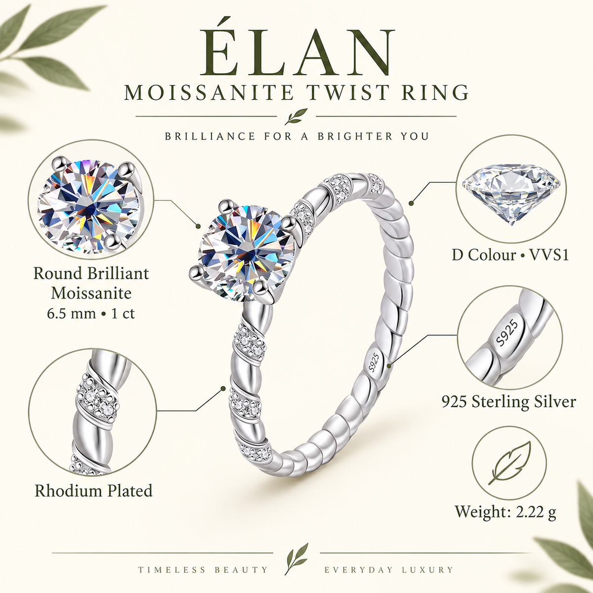 Nora twisted band moissanite solitaire ring, view 2: 1 ct round moissanite on a twisted band, 925 sterling silver, Dubai
