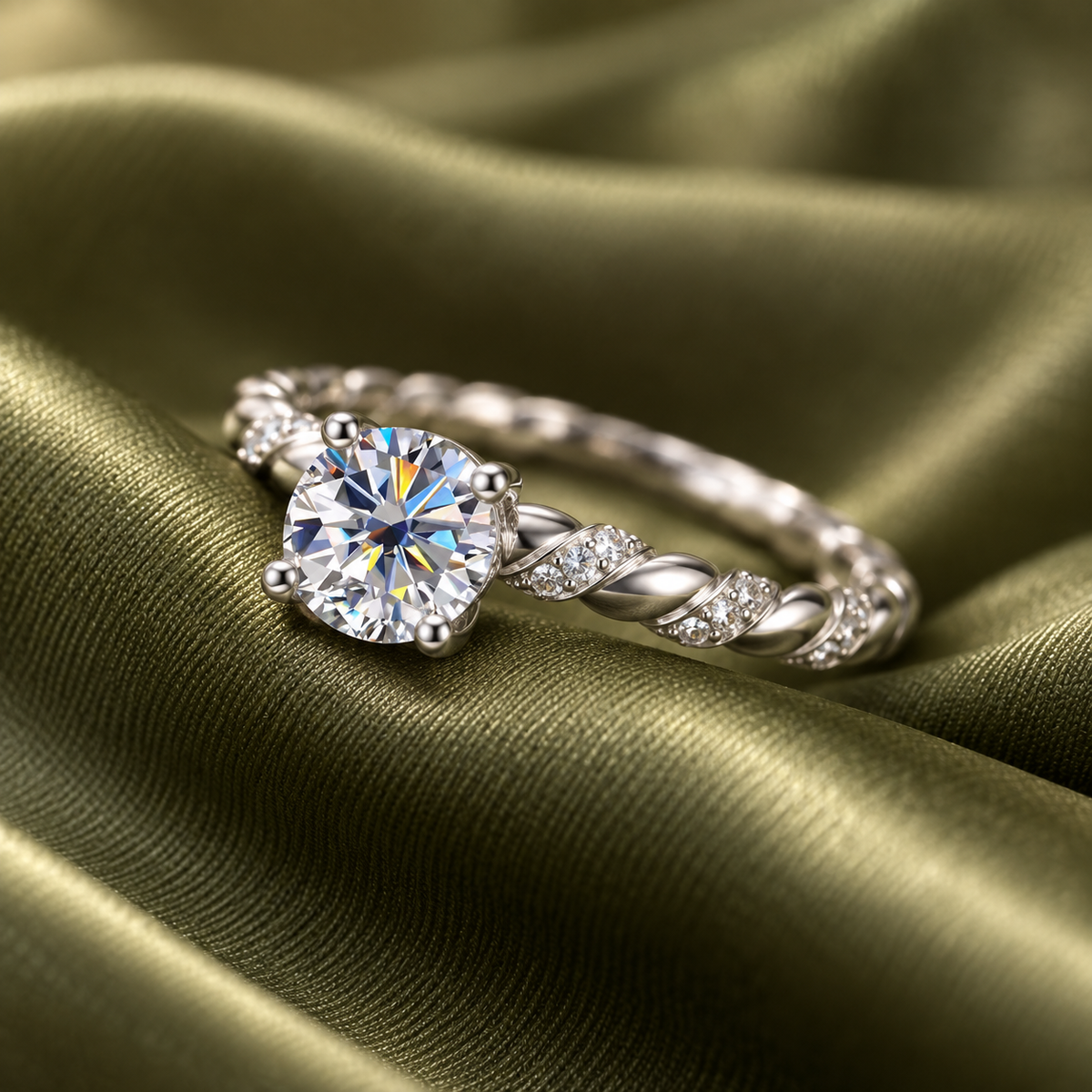 Nora twisted band moissanite solitaire ring, view 5: 1 ct round moissanite on a twisted band, 925 sterling silver, Dubai