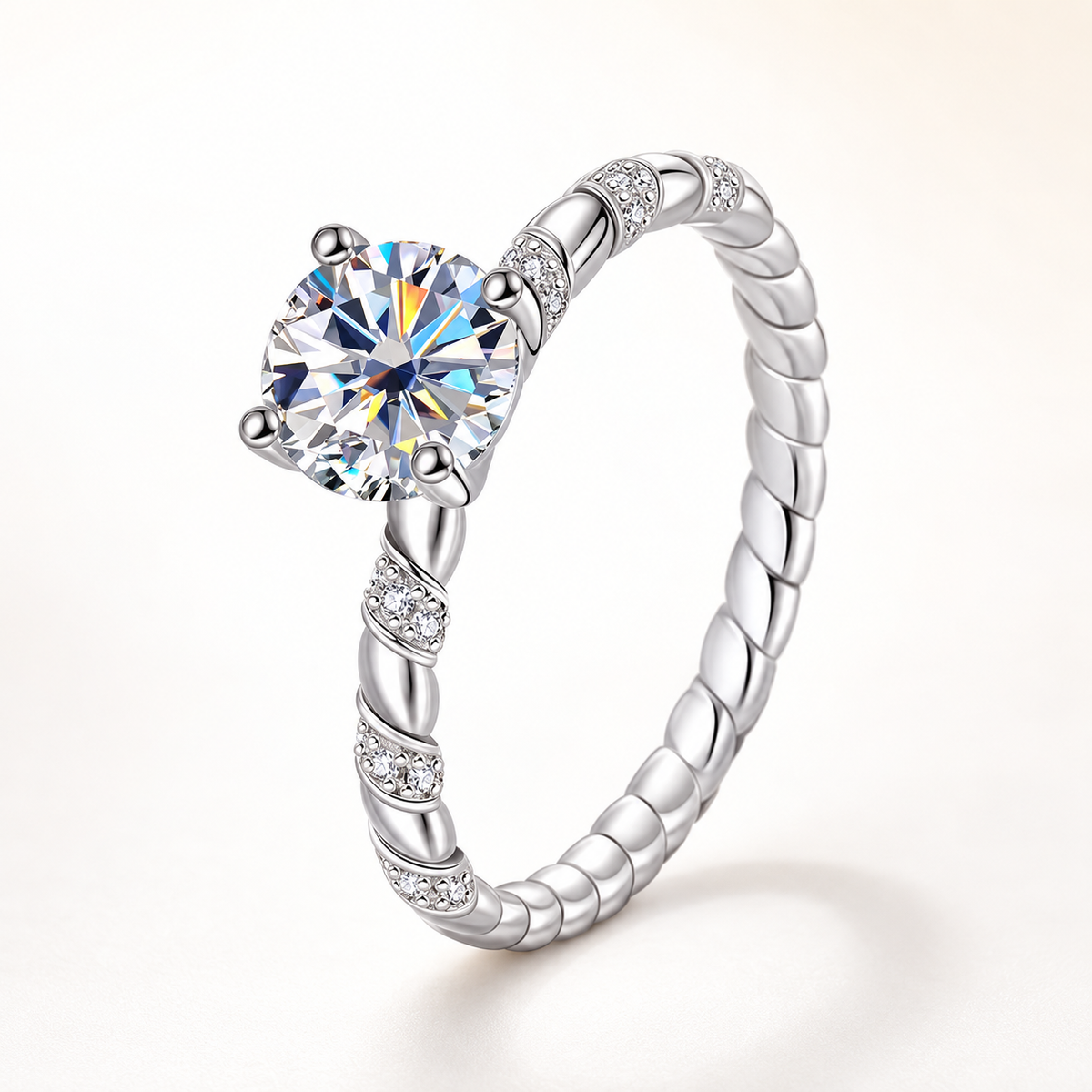 Nora twisted band moissanite solitaire ring close-up: 1 ct round moissanite on a twisted band, 925 sterling silver, Dubai