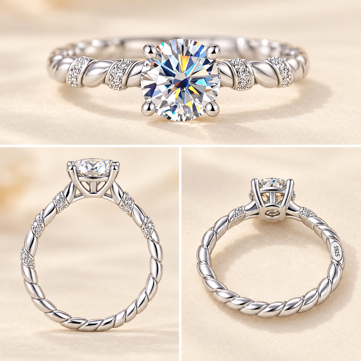 Nora twisted band moissanite solitaire ring, view 3: 1 ct round moissanite on a twisted band, 925 sterling silver, Dubai