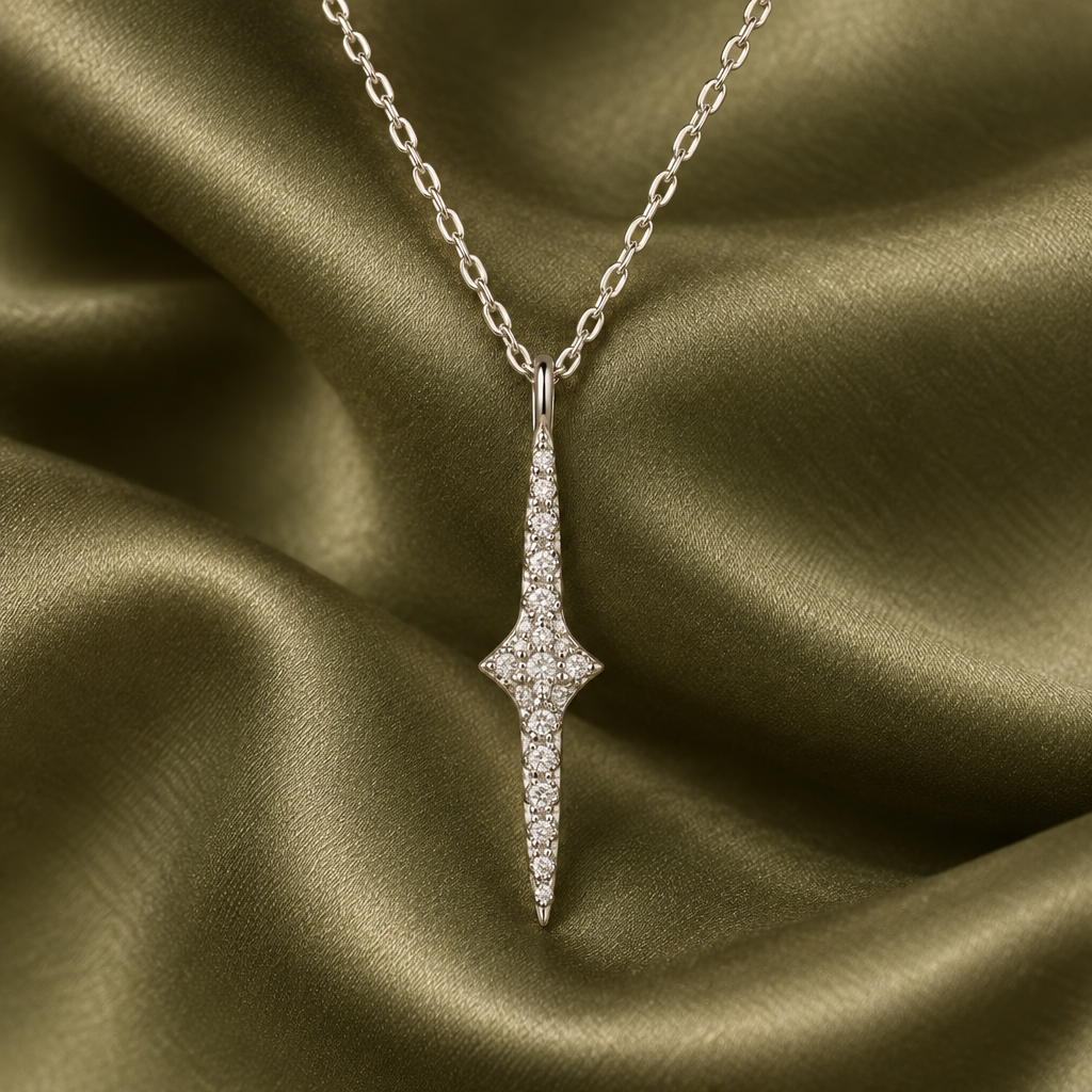 Nova star-point pendant necklace, view 2: long geometric star-point pendant with clear stones, 925 sterling silver, Dubai