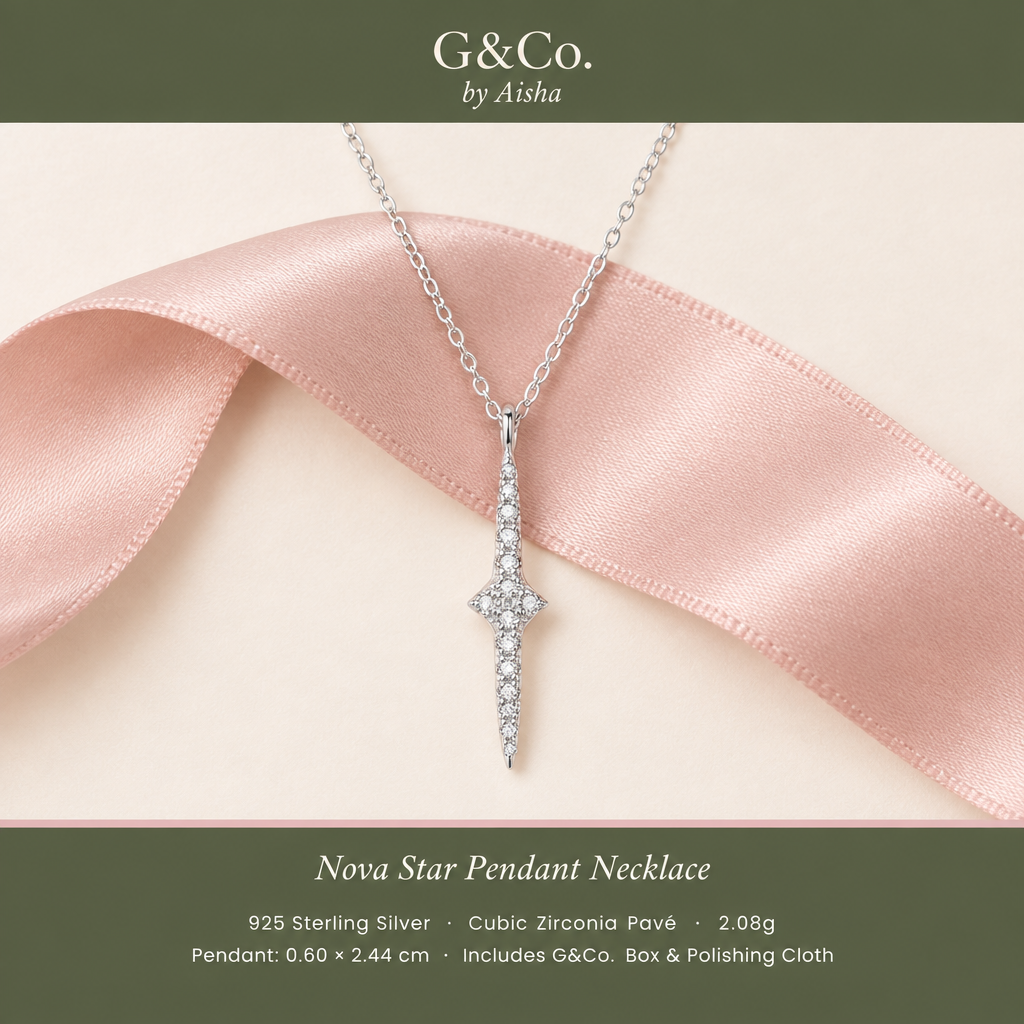 Nova star-point pendant necklace, view 5: long geometric star-point pendant with clear stones, 925 sterling silver, Dubai