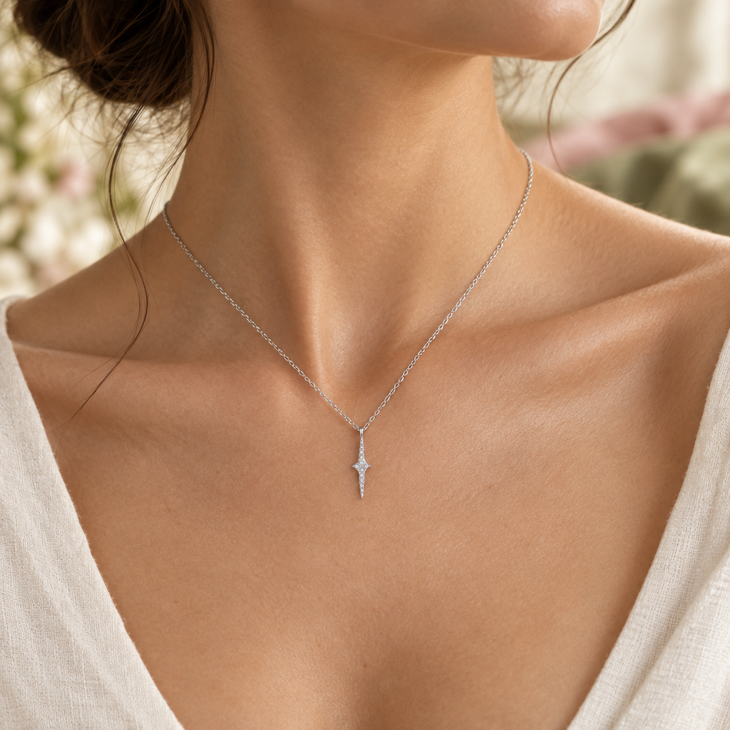 Nova star-point pendant necklace, view 3: long geometric star-point pendant with clear stones, 925 sterling silver, Dubai