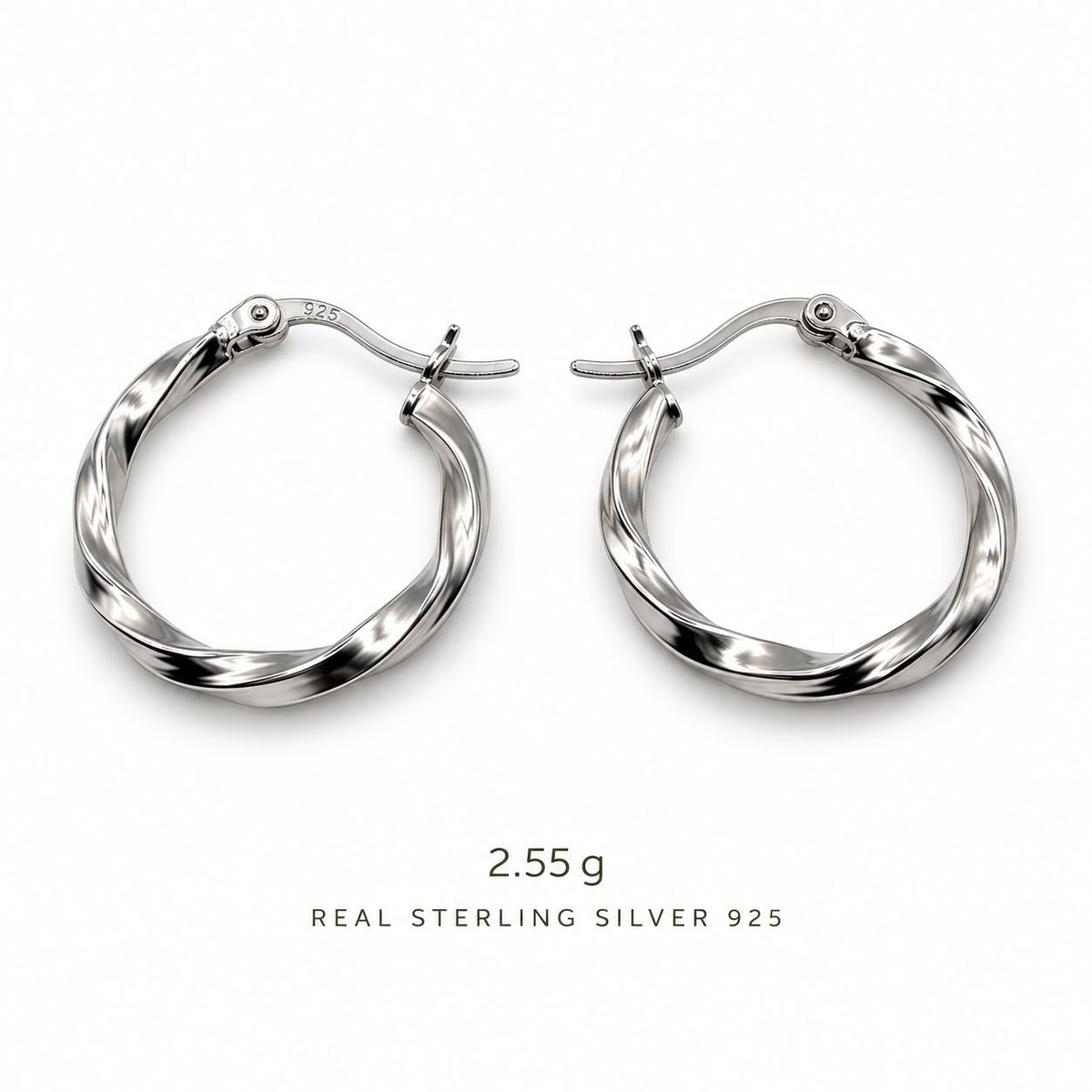 Pia twisted hoop earrings close-up: twisted polished hoops, 925 sterling silver, Dubai