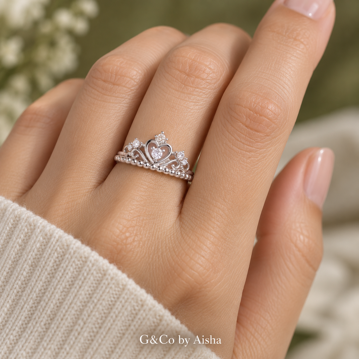 Princess crown double-heart moissanite ring, view 3: crown-inspired double heart with white moissanite, Dubai