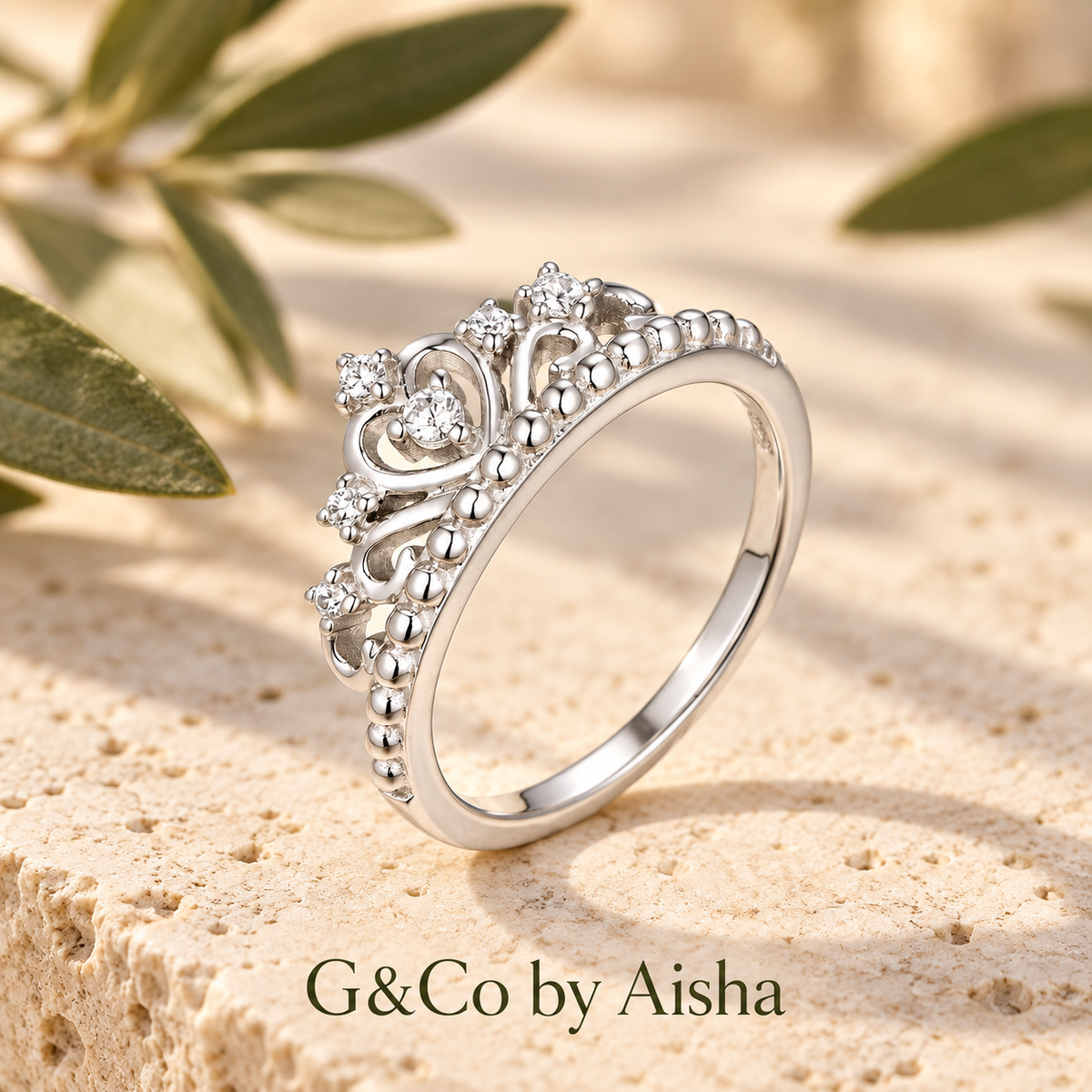 Princess crown double-heart moissanite ring, view 4: crown-inspired double heart with white moissanite, Dubai