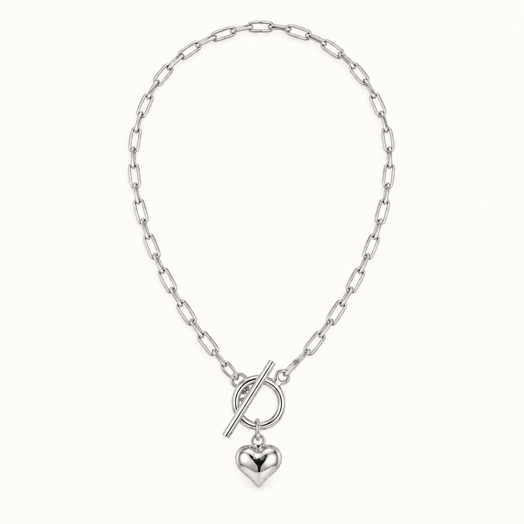 Rania puffed heart paperclip toggle necklace, view 10: paperclip chain with front toggle and puffed heart, Dubai