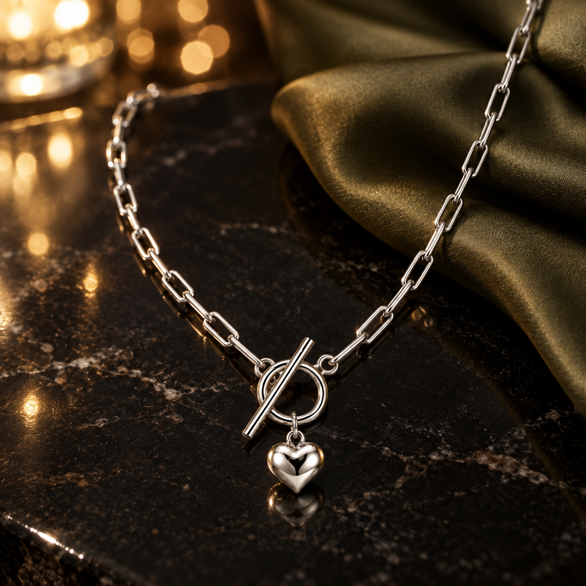 Rania puffed heart paperclip toggle necklace, view 4: paperclip chain with front toggle and puffed heart, Dubai